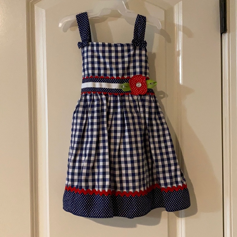 Navy Gingham Dress with Red Flower